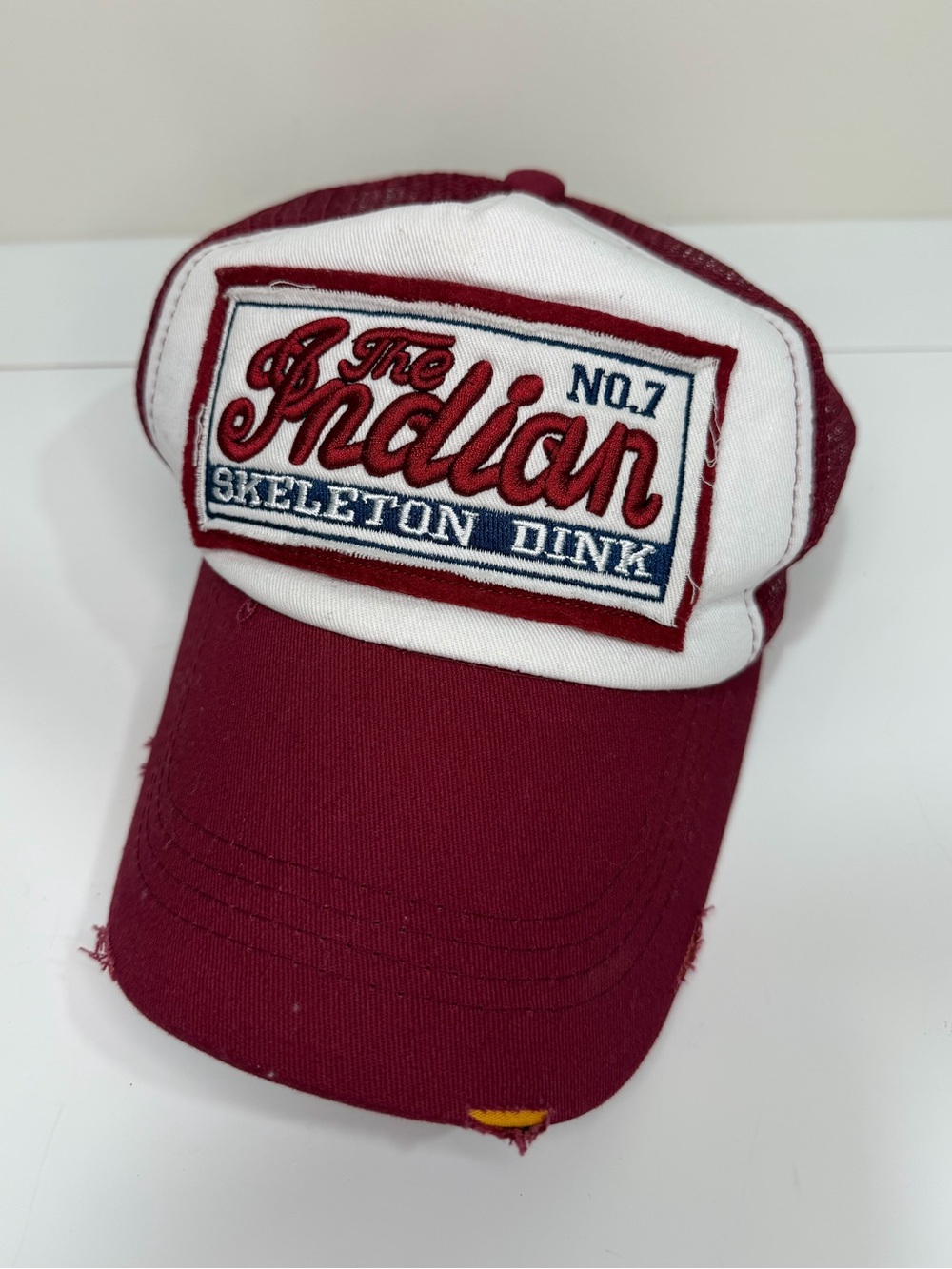 The Indian Skeleton Dink Distressed Trucker Hat Burgundy White Mesh Snapback
